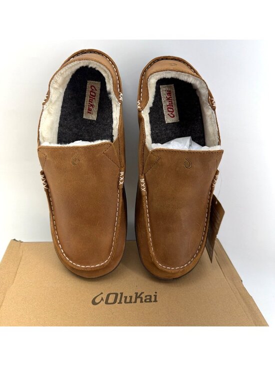 Olukai Moloa Genuine Shearling Convertible Slippers Toffee Brown Leather Men 13